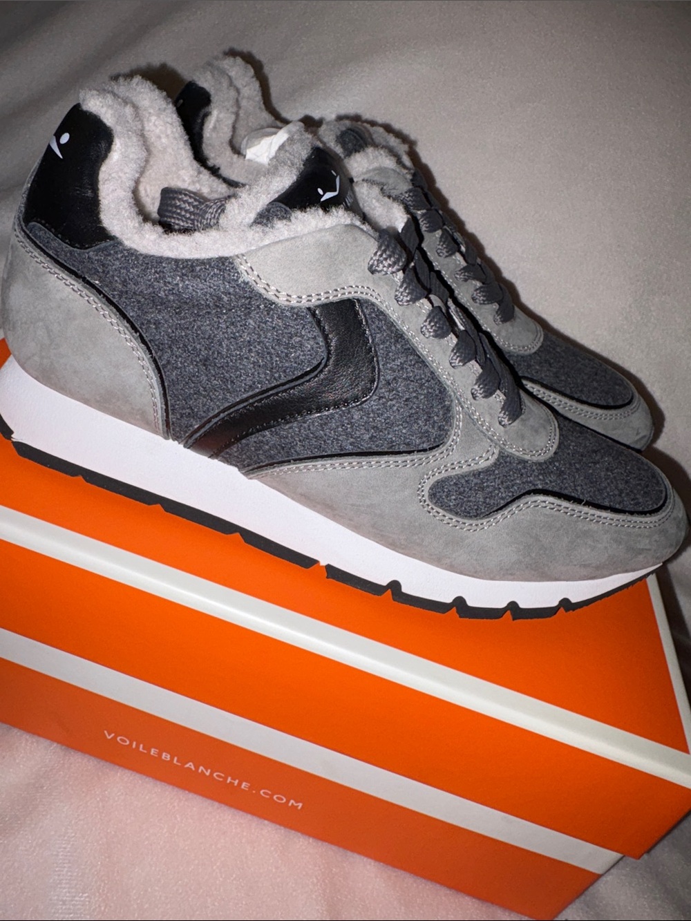 NWT VOILE BLANCHE JULIA Fur Leather and Fabric Sneakers in Grey -Anthracite - Picture 10 of 15